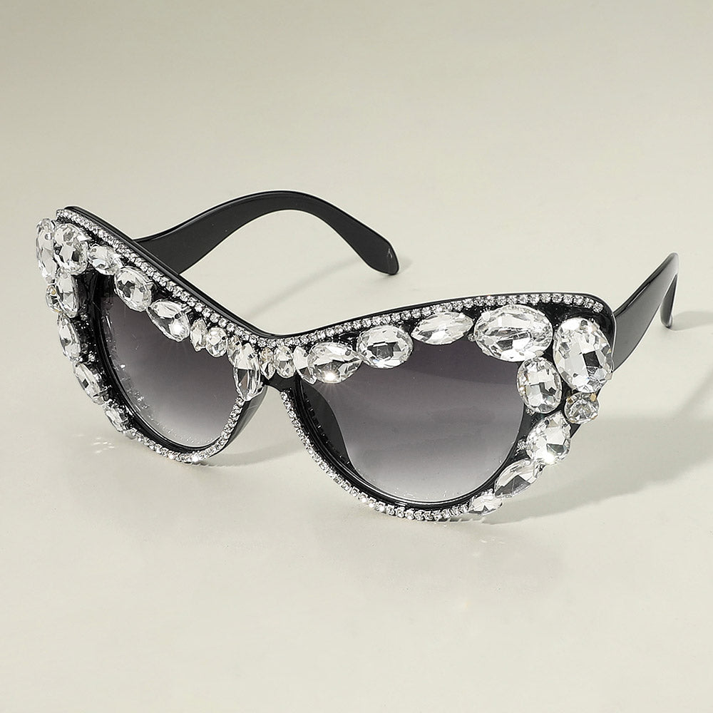 Black Oversized Oval Crystal Embellished Cat Eye Frame Fashion Sunglasses M H W ACCESSORIES LLC Black Oversized Oval Crystal Embellished Cat Eye Frame Fashion Sunglasses