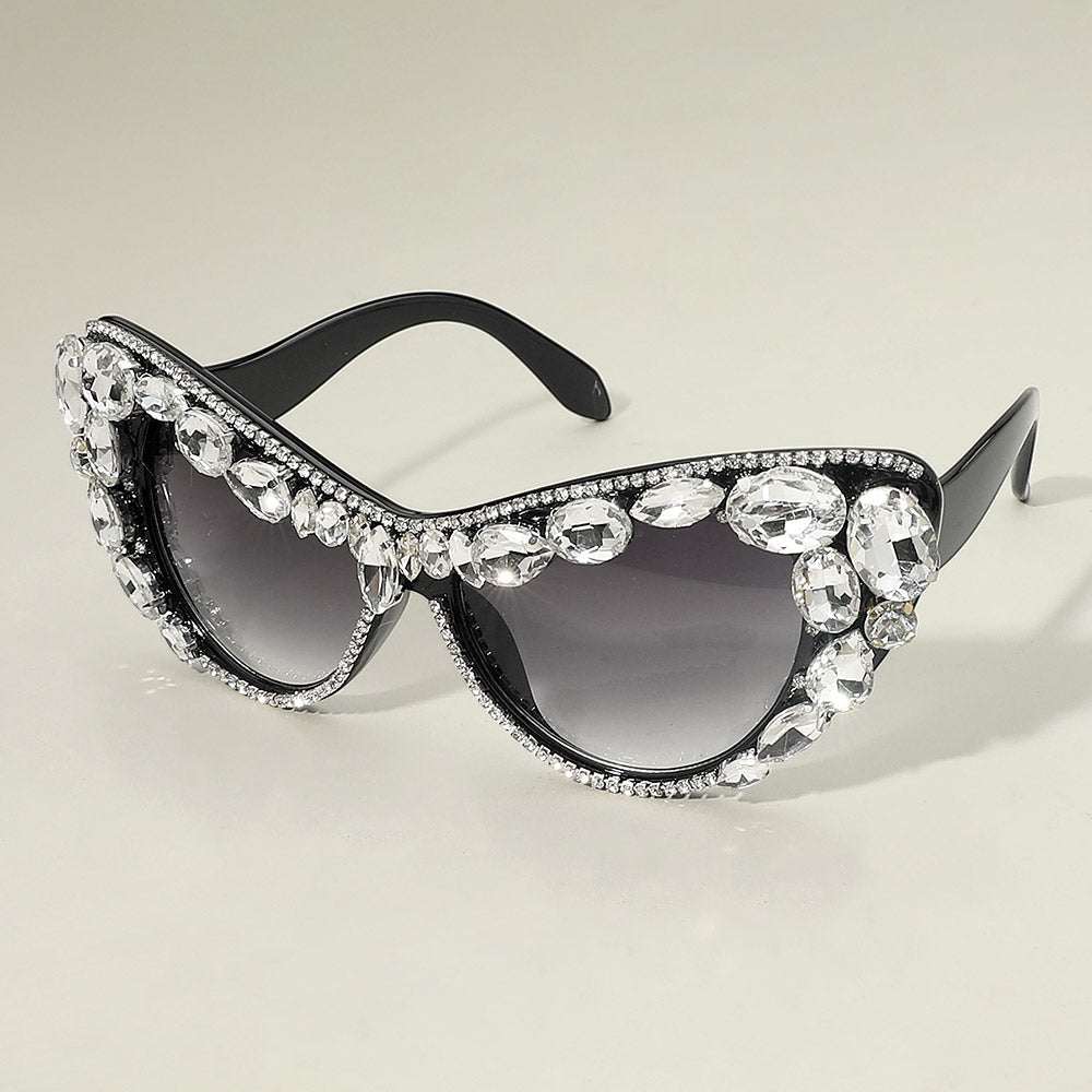 Black Oversized Oval Crystal Embellished Cat Eye Frame Fashion Sunglasses M H W ACCESSORIES LLC Black Oversized Oval Crystal Embellished Cat Eye Frame Fashion Sunglasses