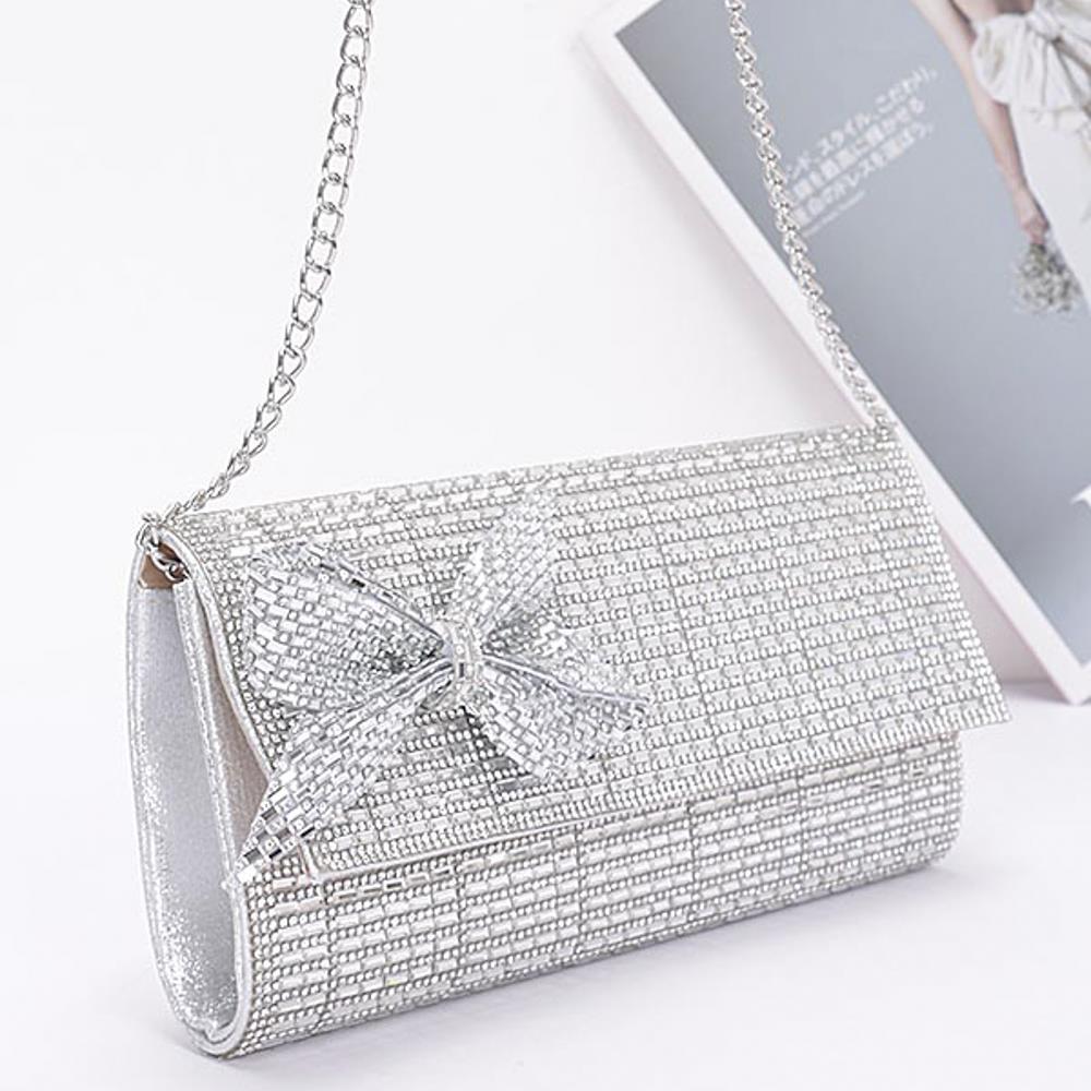 SILVER RHINESTONE PARTY CLUTCH W/ RHINESTONE BOW - M H W ACCESSORIES LLC