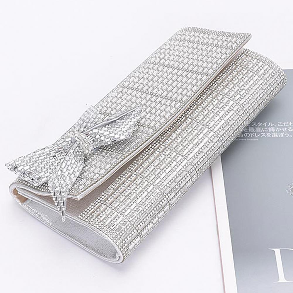 SILVER RHINESTONE PARTY CLUTCH W/ RHINESTONE BOW - M H W ACCESSORIES LLC