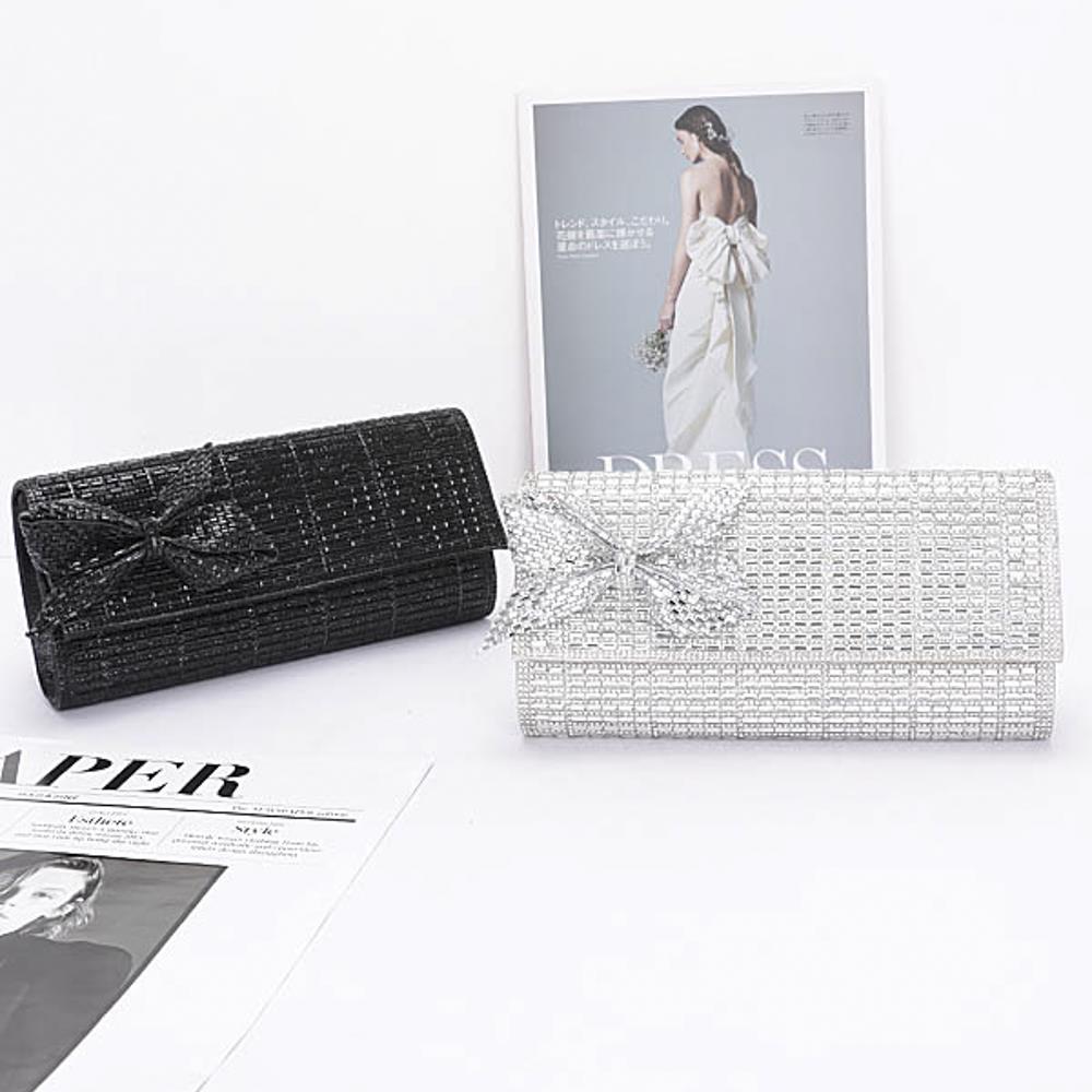 SILVER RHINESTONE PARTY CLUTCH W/ RHINESTONE BOW - M H W ACCESSORIES LLC