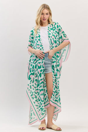 Pink & Green Leopard Print Kimono Poncho With for Women