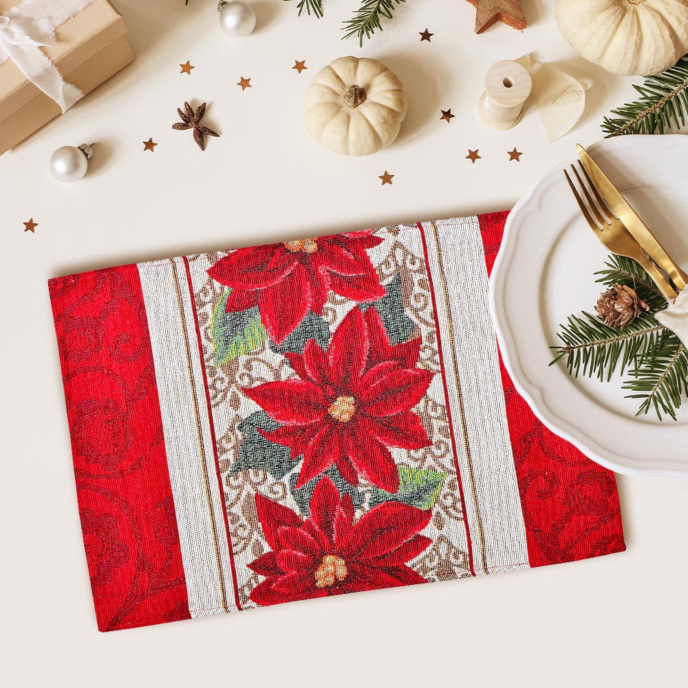 Set of Four Merry Christmas Poinsettia Flower Tapestry Placemat - M H W ACCESSORIES LLC