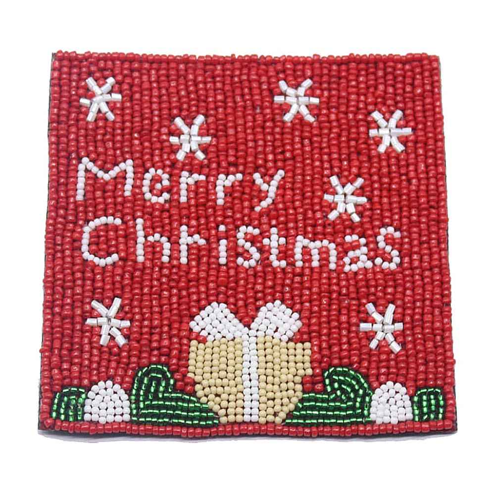 Set of Four Seed Beaded Merry Christmas Coaster