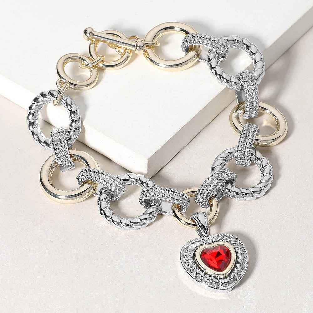Siam Heart Charm Two Tone Metal Link Toggle Bracelet