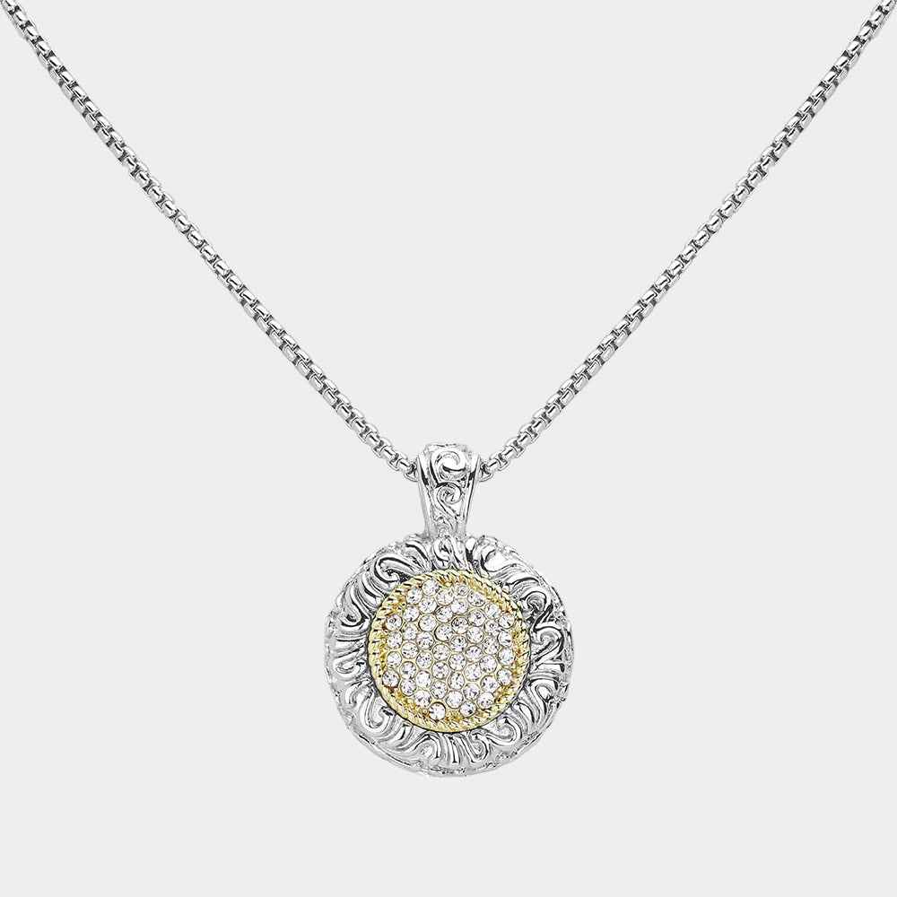 Silver 14K Gold Plated Two Tone Stone Paved Round Pendant Necklace