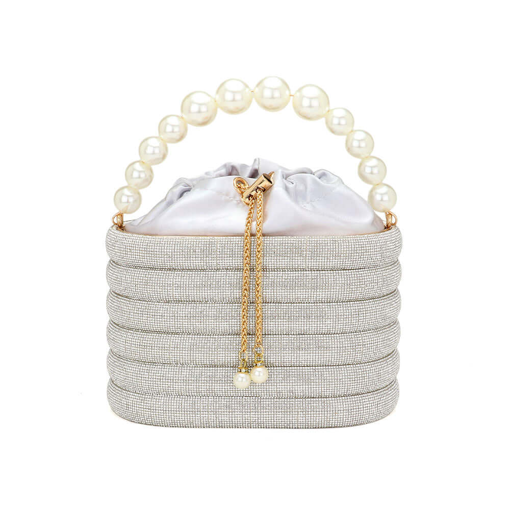 Silver Bling Pearl Top Handle Drawstring Box Crossbody Bag - M H W ACCESSORIES LLC