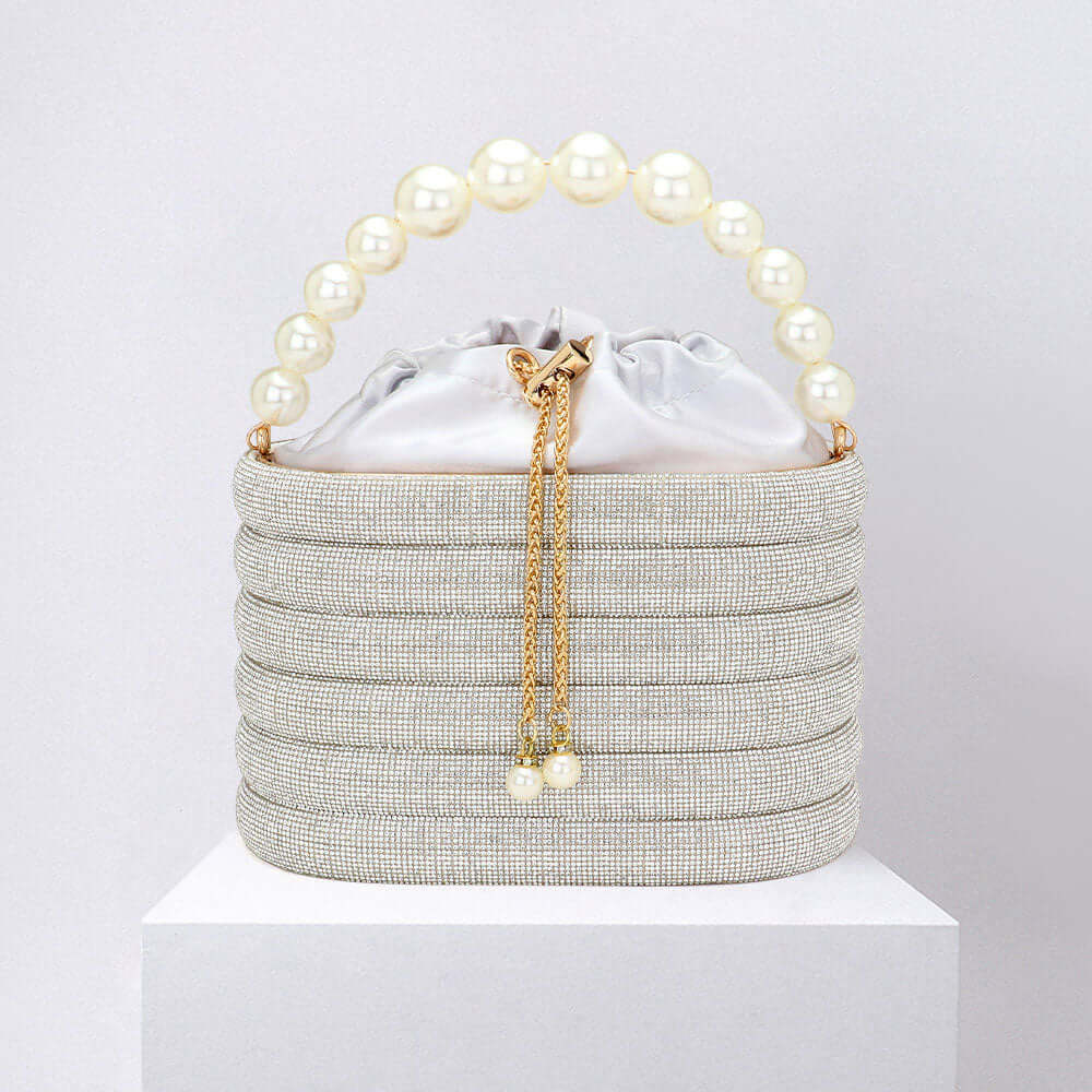 Silver Bling Pearl Top Handle Drawstring Box Crossbody Bag - M H W ACCESSORIES LLC