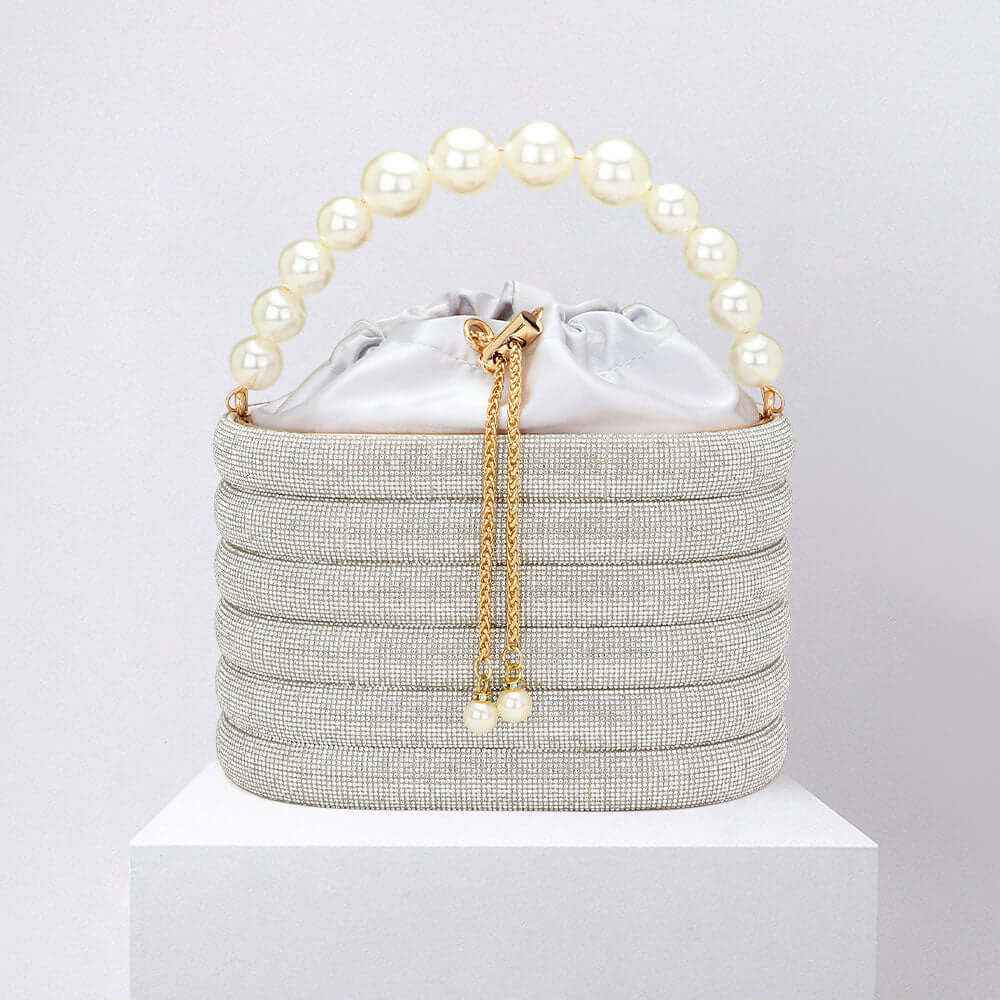 Silver Bling Pearl Top Handle Drawstring Box Crossbody Bag
