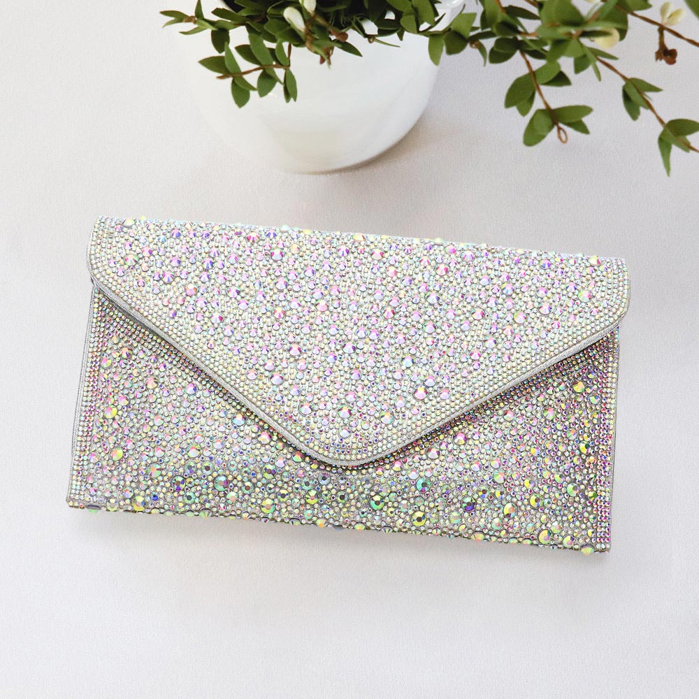 Silver Bling Studded Envelop Evening Clutch Bag / Crossbody Bag - M H W ACCESSORIES LLC