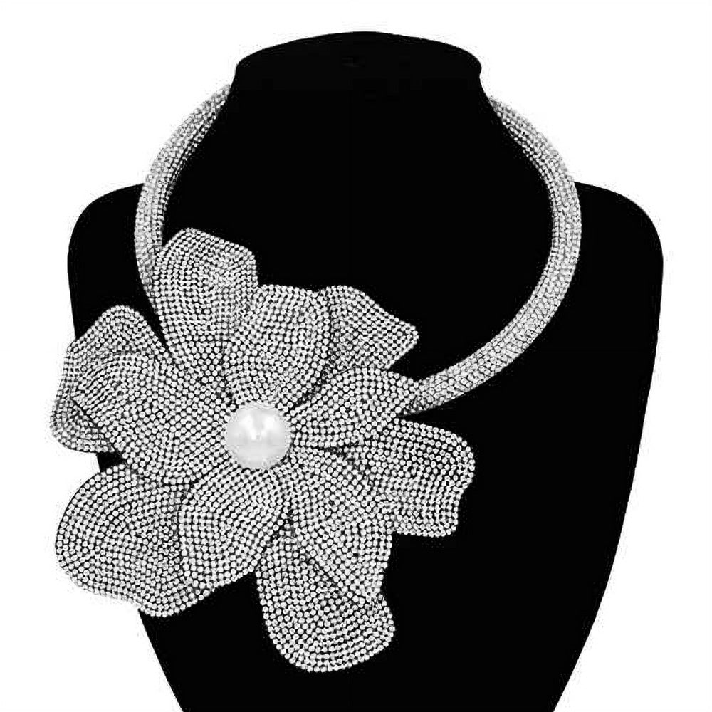 Silver Bling Studded Oversized Flower Pointed Necklace - M H W ACCESSORIES LLC