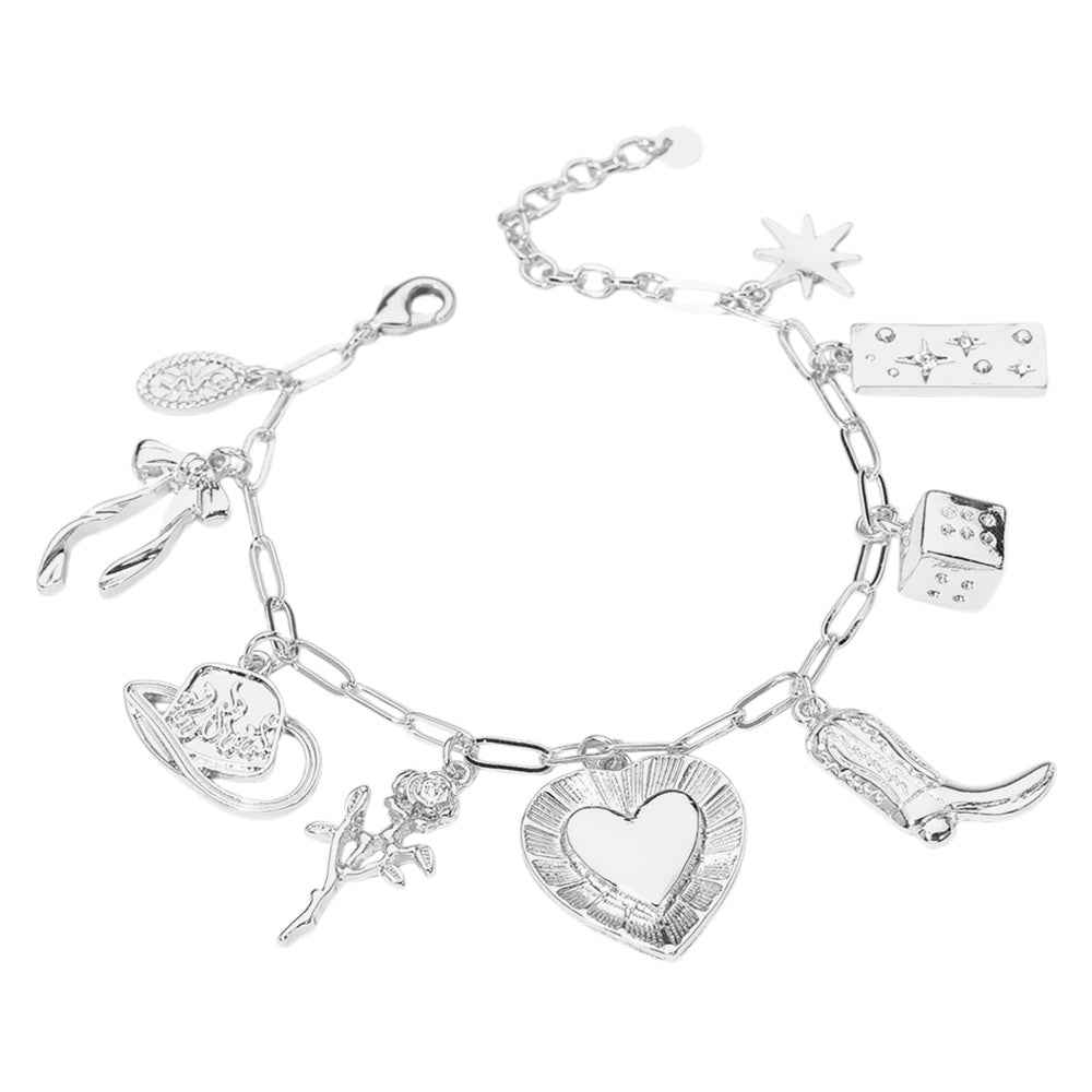 Silver Bow Cowboy Hat Boot Rose Heart Charm Station Paperclip Chain Bracelet