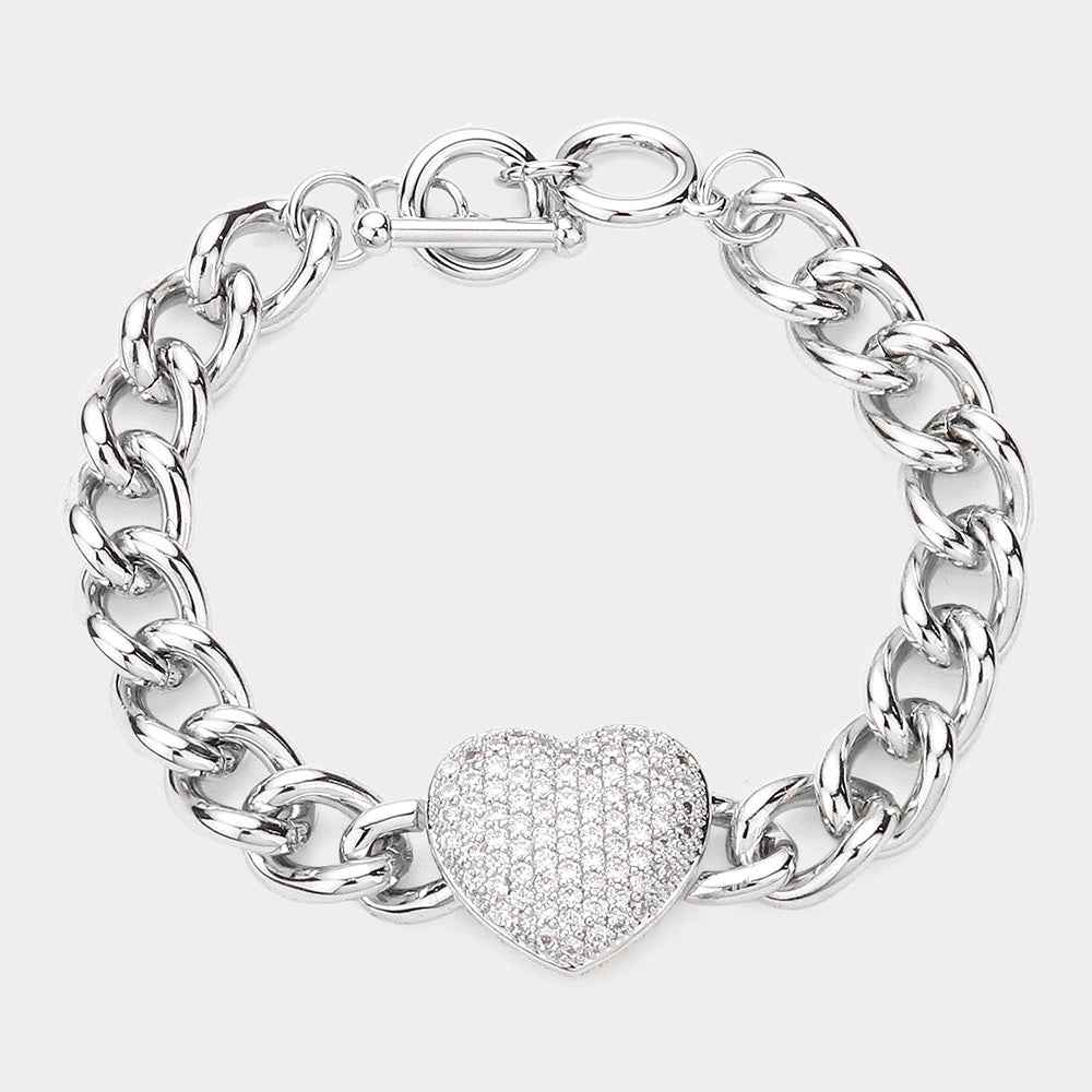 Silver CZ Embellished Heart Charm Toggle Bracelet