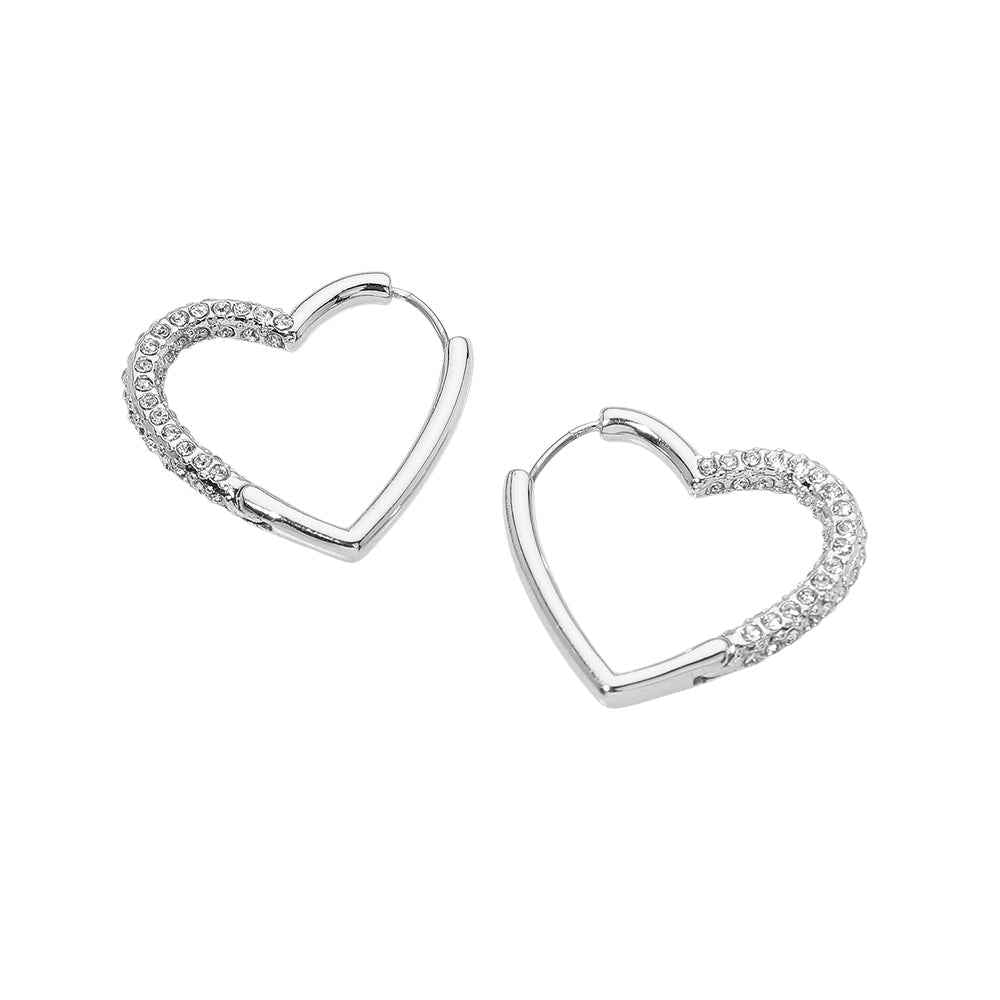 Silver CZ Paved Open Heart Huggie Hoop Earrings