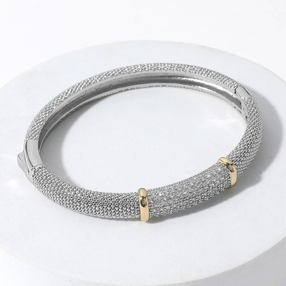 Silver CZ Stone Paved Two Tone Mesh Hinged Bangle Bracelet - M H W ACCESSORIES LLC