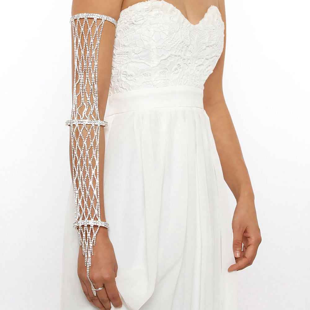 Silver Crystal Rhinestone Pave Bridal Hand Chain Evening Bracelet