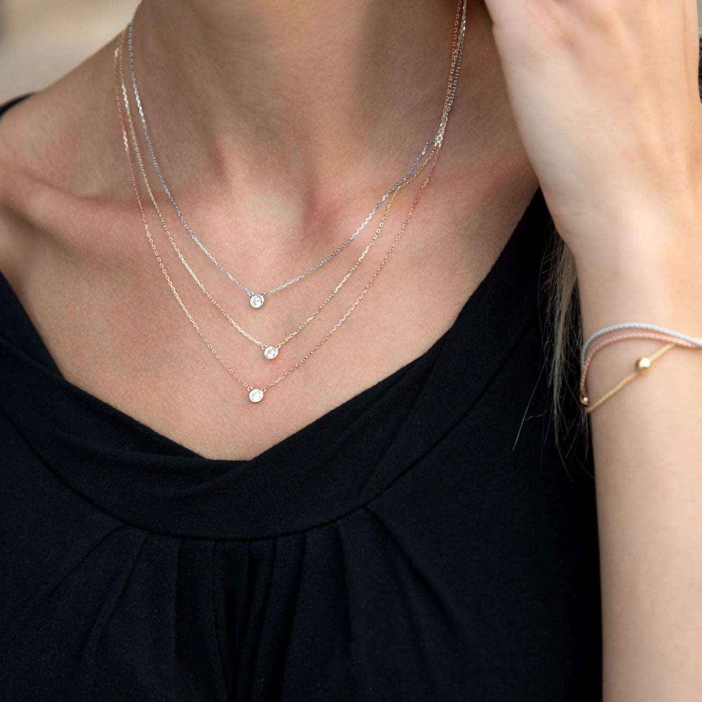 Silver Graduated Tri Tone Necklace with CZs- M H W ACCESSORIES