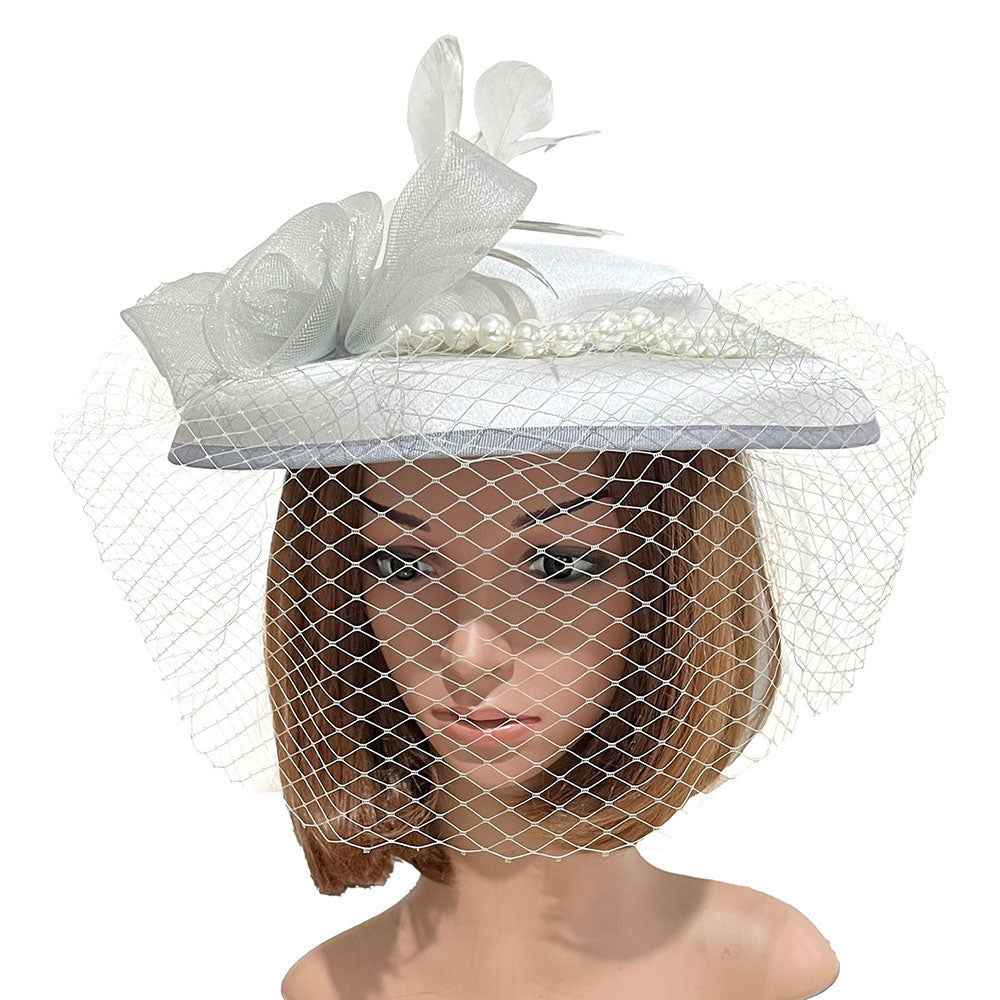 Silver Mesh Flower Feather Pearl Trimmed Fascinator / Headband