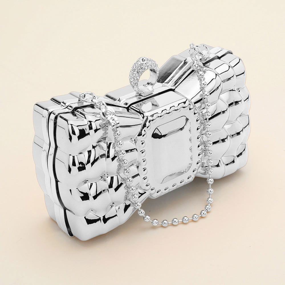 Silver Metallic Bow Clutch Evening Bag / Crossbody Bag - M H W ACCESSORIES LLC