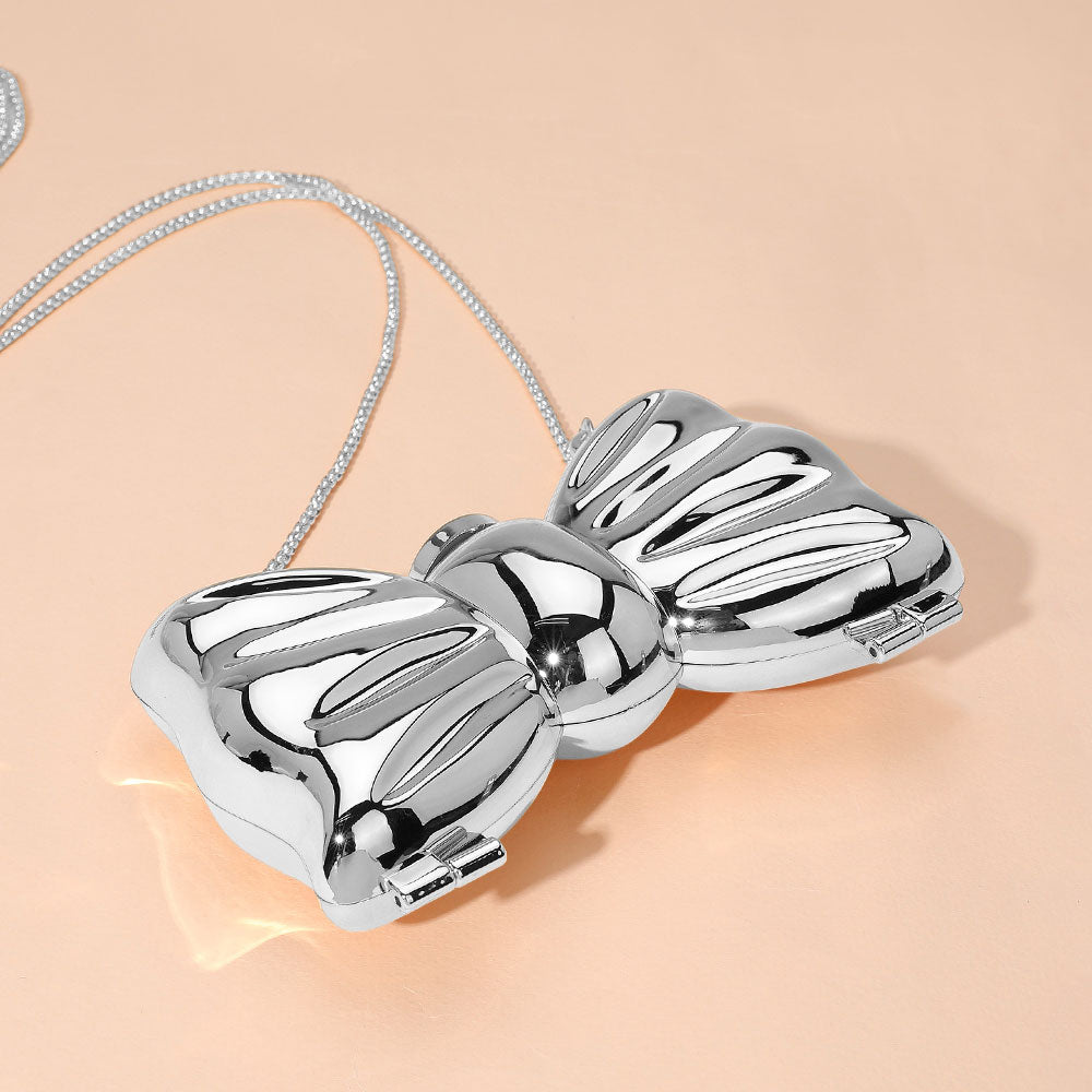 Silver Metallic Compact Bow Clutch Evening Bag / Crossbody Bag - M H W ACCESSORIES LLC