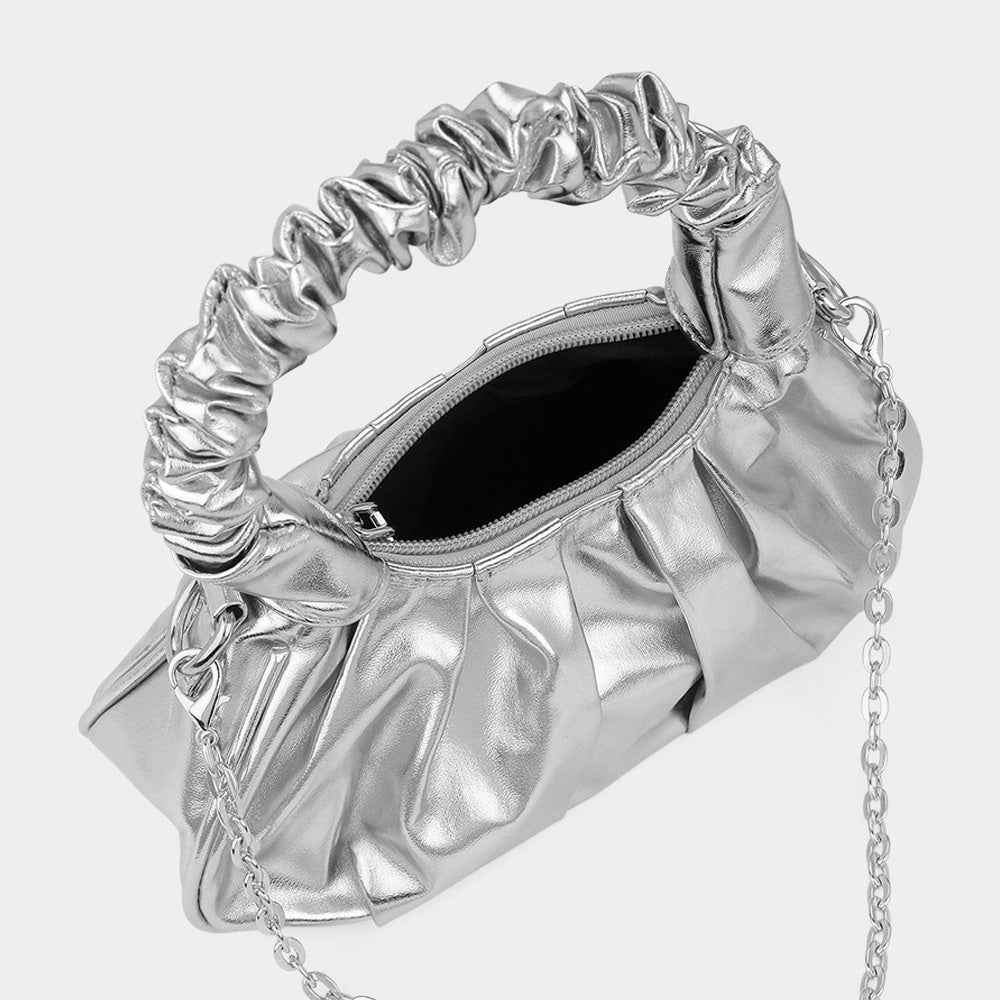 Silver Metallic Faux Leather Top Handle Crossbody Bag