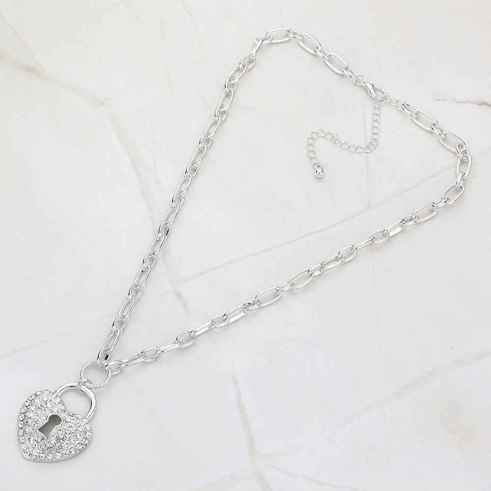 Silver Paved Heart Lock Pendant Necklace