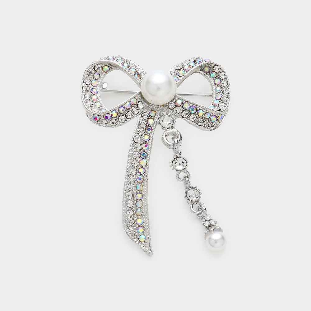 Silver Pearl Accented Stone Paved Ribbon Pin Brooch