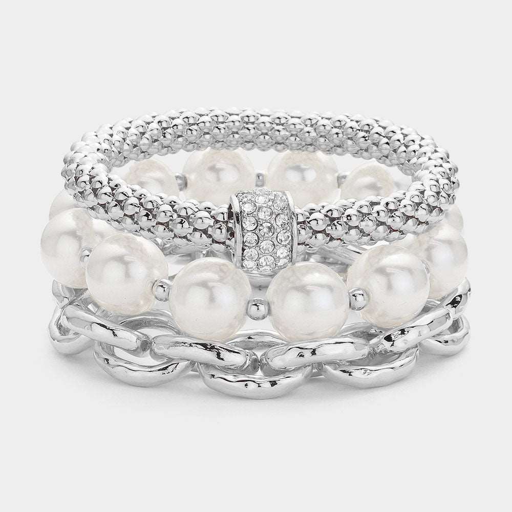 Silver Pearl Chain Stretch Layered Bracelets-M H W ACCESSORIES - M H W ACCESSORIES LLC
