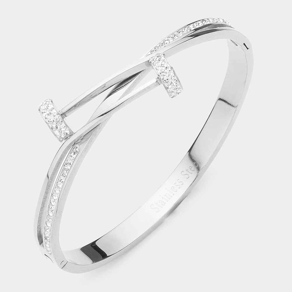 Silver Stainless Steel CZ Paved Nail Hinged Bracelet
