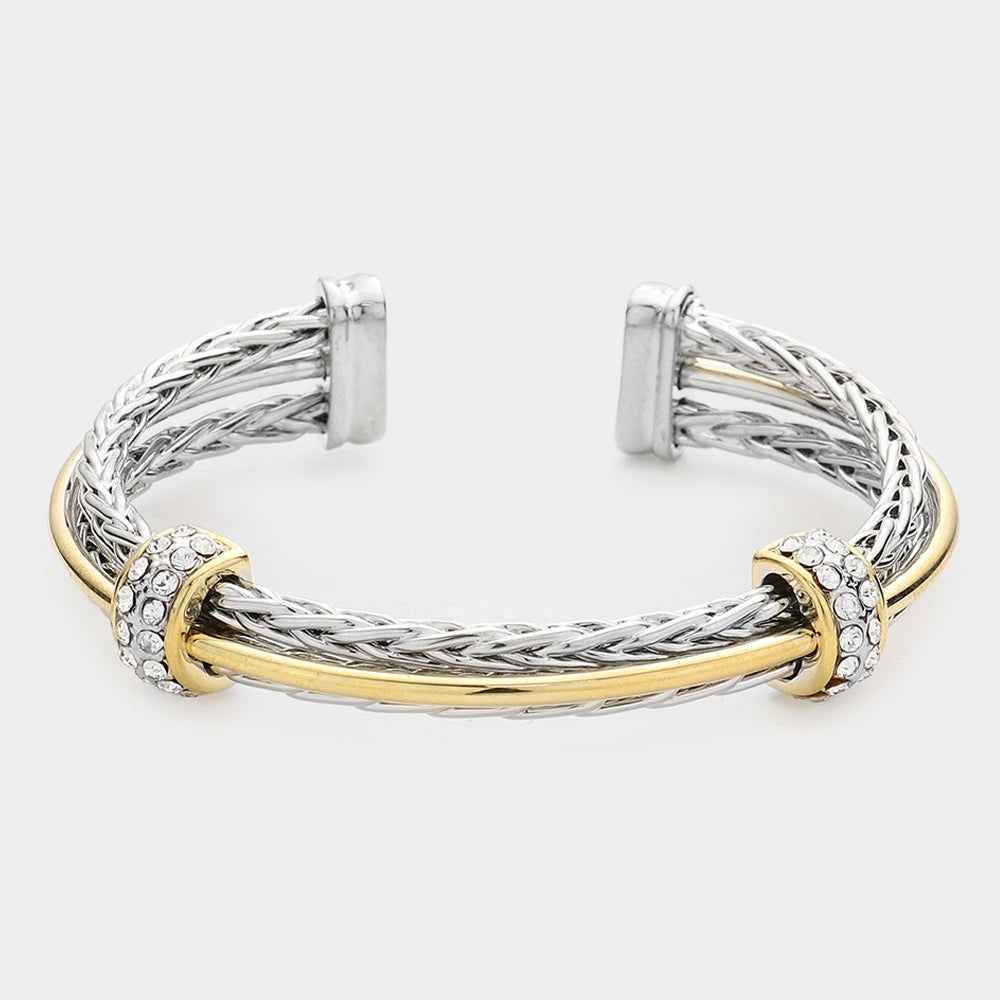 Silver Two-Tone Rhinestone Cable Cuff Bracelet- M H W ACCESSORIES (Copy)