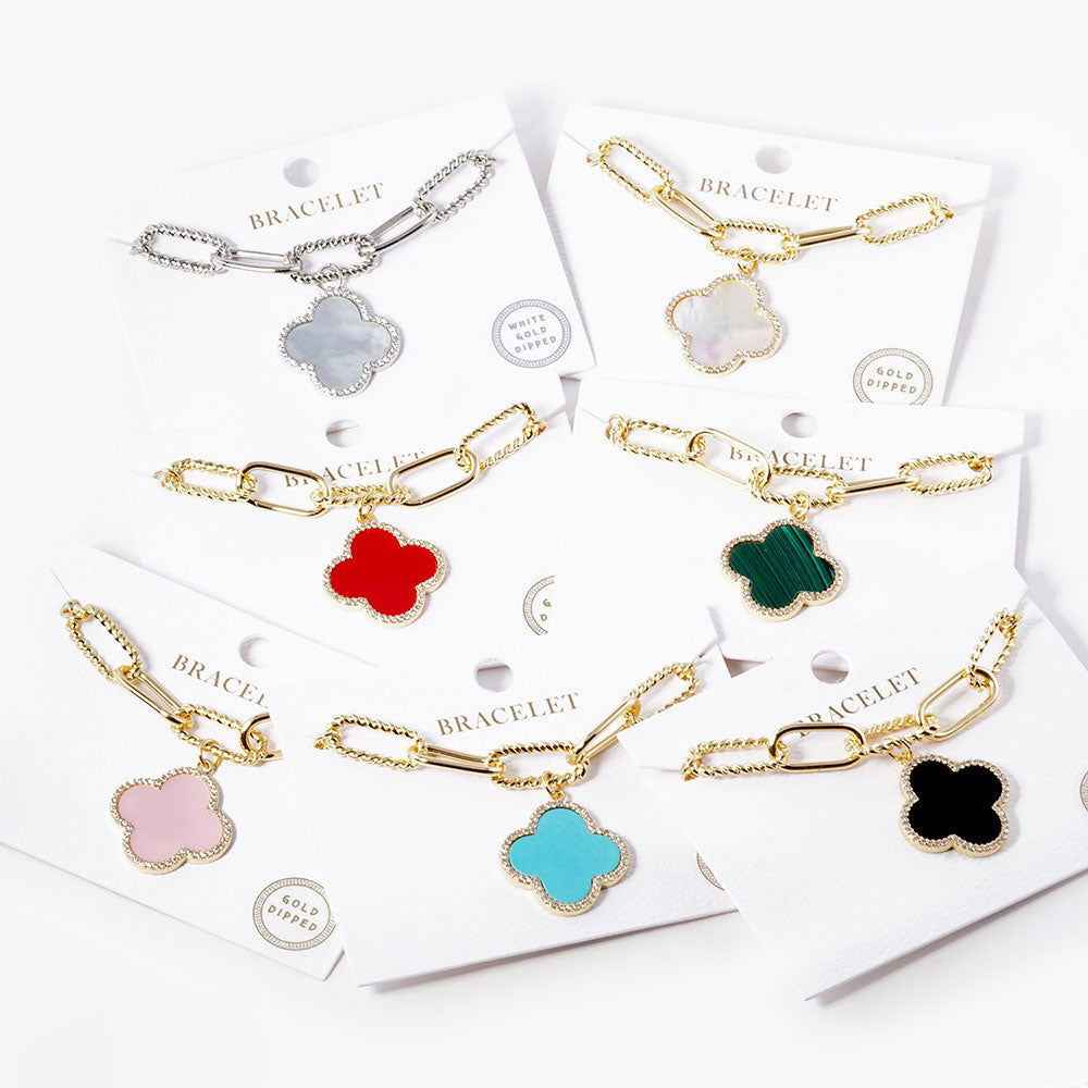 Silver White Gold Dipped Quatrefoil Charm Bracelet