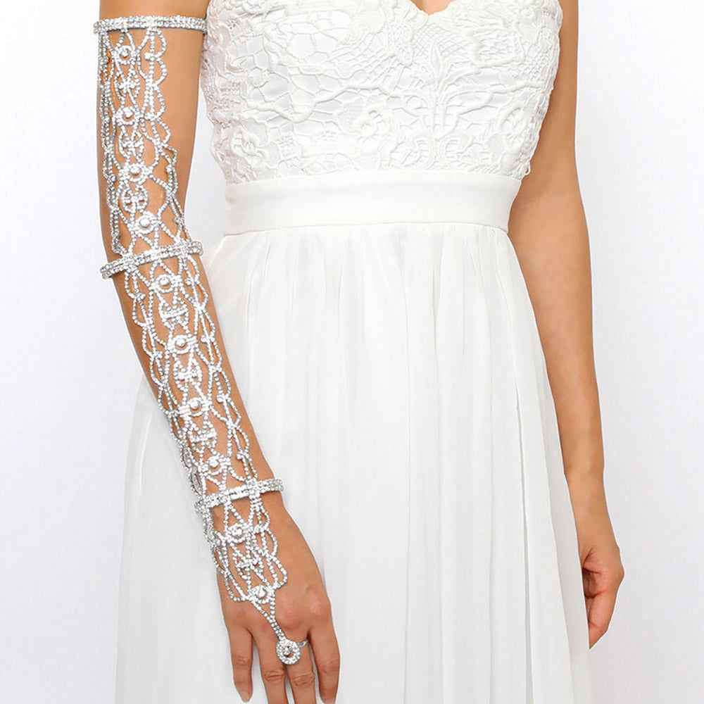 Silver Wide Crystal Rhinestone Leaf Bridal Hand Chain Bracelet