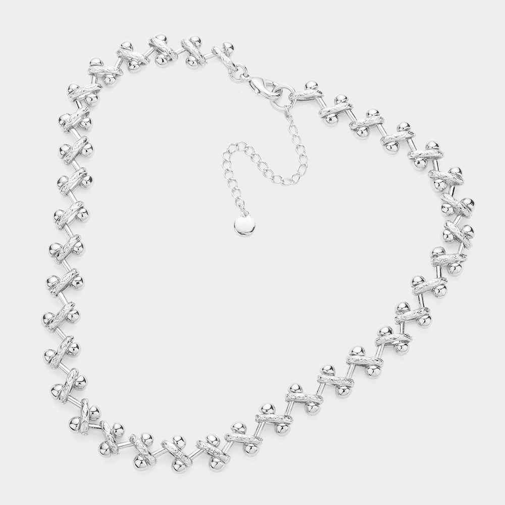 Silver Zigzag Chevron Metal Collar Necklace-M H W ACCESSORIES