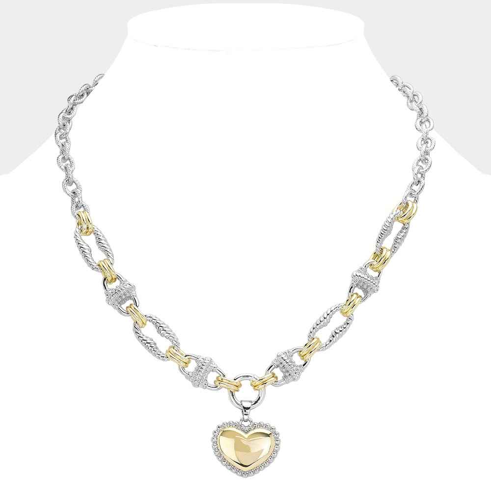 Silver and Gold Metal Heart Pendant Necklace