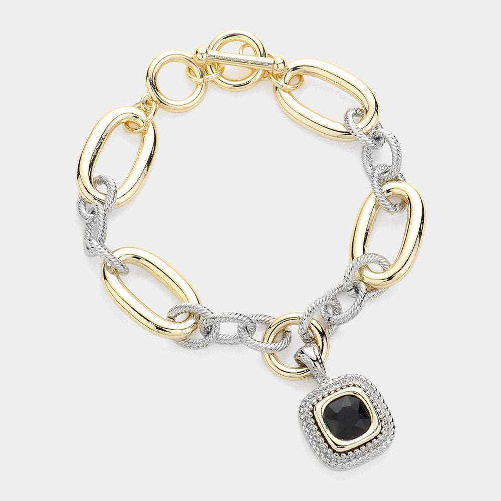 Square Stone Pointed Charm Two Tone Textured Metal Link Toggle Bracelet