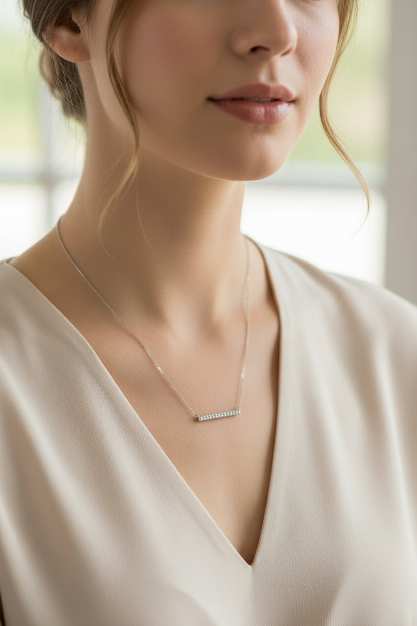 Sterling Silver 16" + 2" Rhodium Plated Cubic Zirconia Bar Necklace