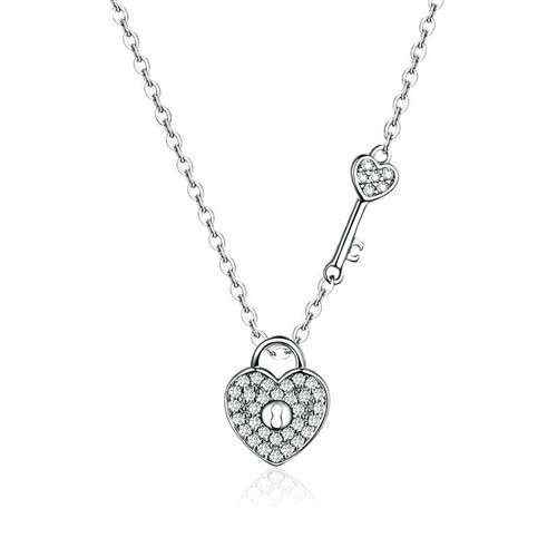 Sterling Silver CZ Heart and Key Pendant- M H W ACCESSORIES