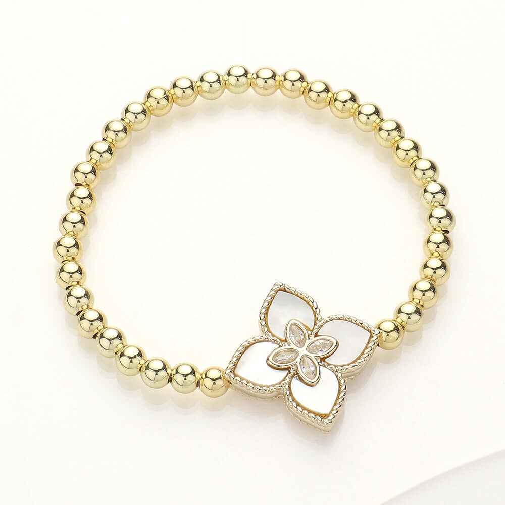 Stretch Marquise CZ Stone Pointed Mother of Pearl Clover Charm Bracelet