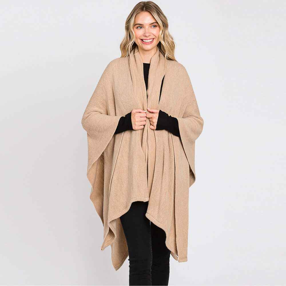 Taupe Attached Scarf Solid Cape Poncho with Neckline Tie