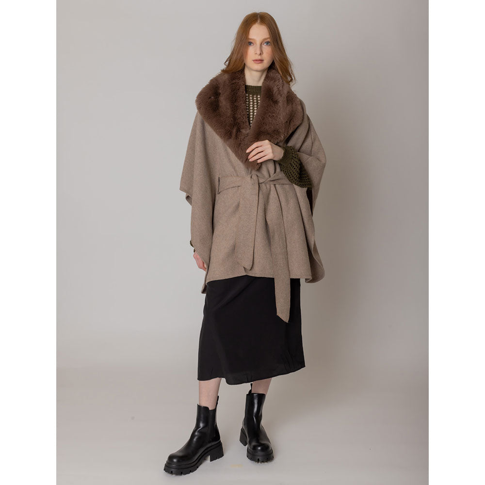 Taupe Faux Fur Collar Belted Poncho - M H W ACCESSORIES LLC