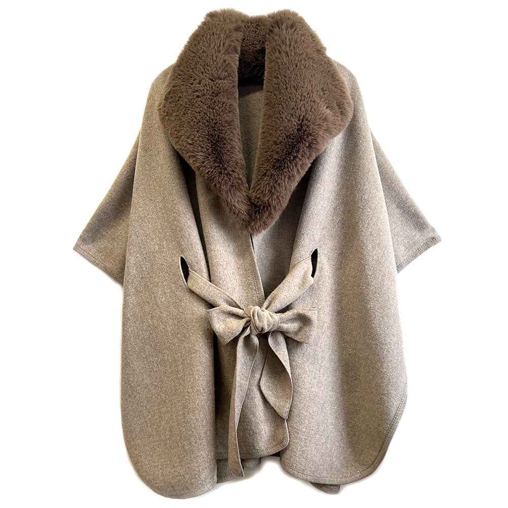 Taupe Faux Fur Collar Belted Poncho