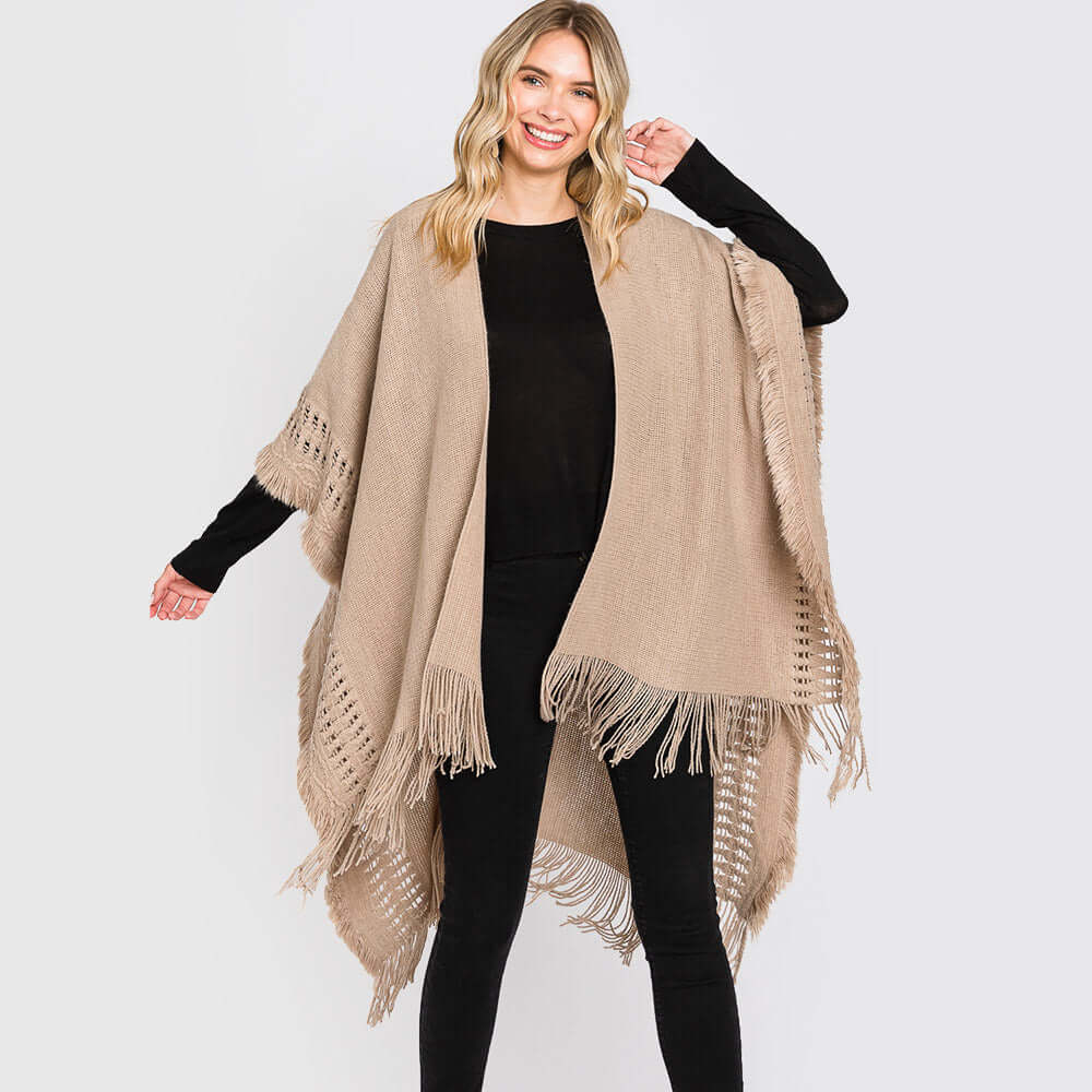 Taupe Fringe Cut Out Knit Ruana Poncho - M H W ACCESSORIES LLC