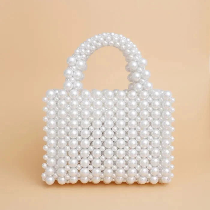 Top Handle Square White Pearl Woven Handmade Bag - M H W ACCESSORIES LLC