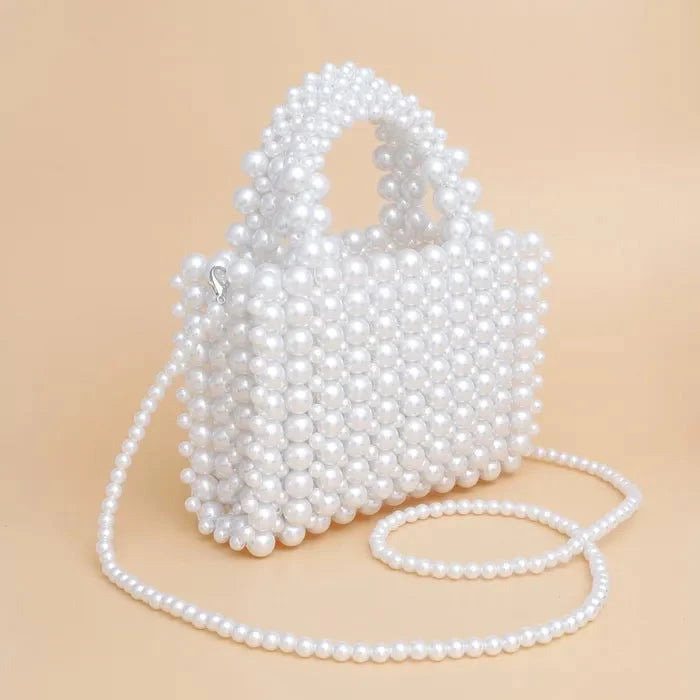 Top Handle Square White Pearl Woven Handmade Bag - M H W ACCESSORIES LLC