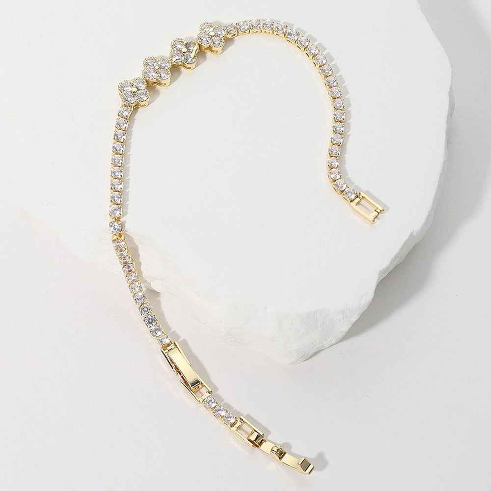 Triple Quatrefoil Round Stone Cluster Tennis Chain Bracelet