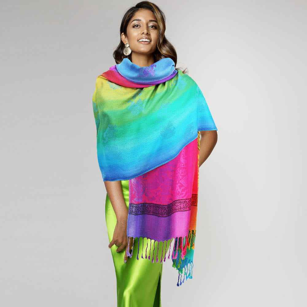 Turquoise Colorful Elephant Printed Pashmina Scarf Shawl