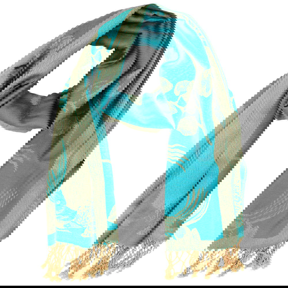 Turquoise Floral Pashmina Reversible Scarf Shaw - M H W ACCESSORIES LLC