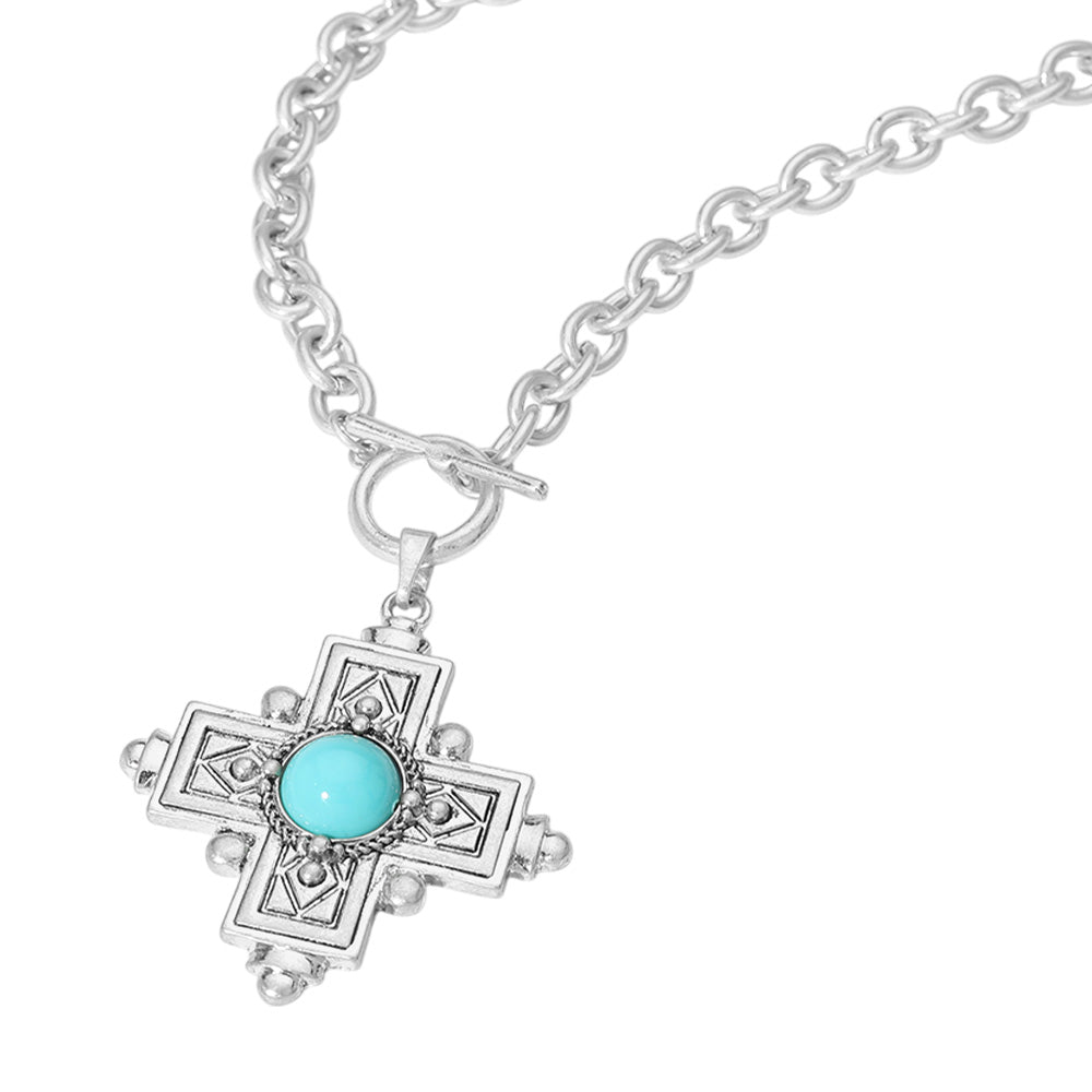 Turquoise Stone Accented Cross Pendant Chunky Chain Necklace - M H W ACCESSORIES LLC