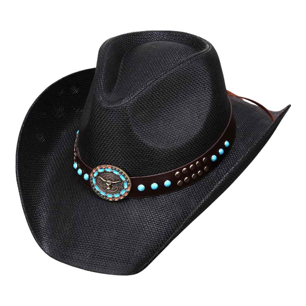 Turquoise Stone Embellished Metal Steer Head Studded Black Western Straw Cowboy Fedora Hat