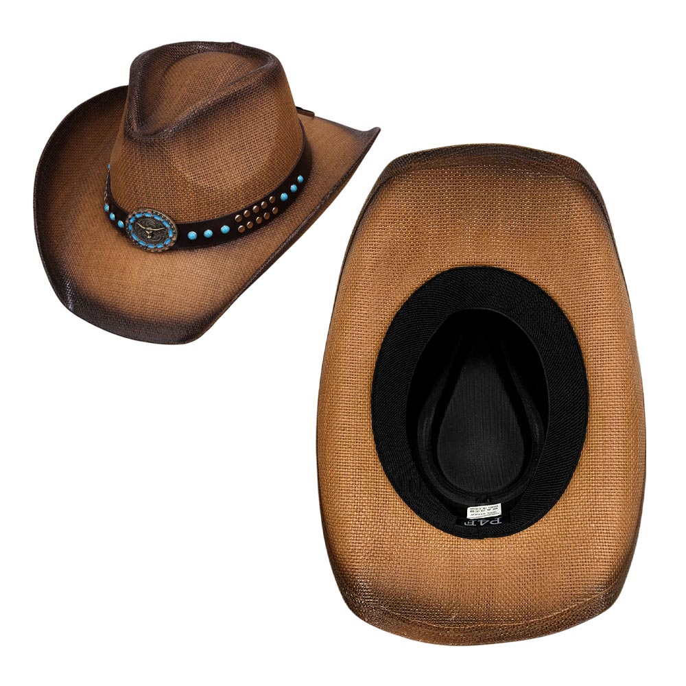 Turquoise Stone Embellished Metal Steer Head Studded Faux Leather Band Western Straw Cowboy Fedora Hat - M H W ACCESSORIES LLC